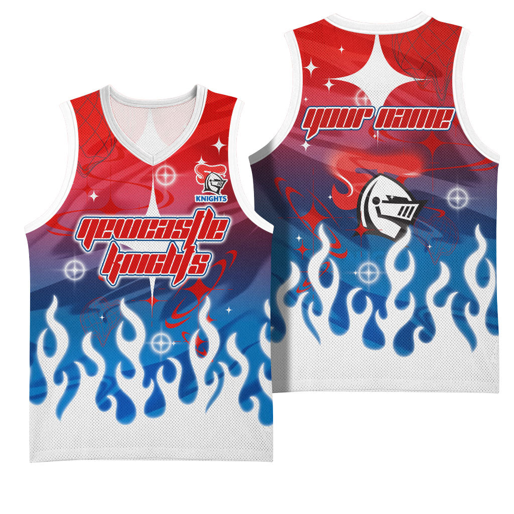 Personalized Newcastle Knights Basketball Jersey Y2K Grunge Aesthetic With Cyber Flames and Starburst Graphics