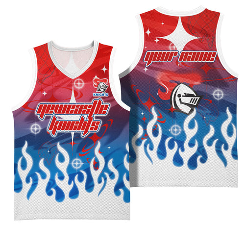 Personalized Newcastle Knights Basketball Jersey Y2K Grunge Aesthetic With Cyber Flames and Starburst Graphics