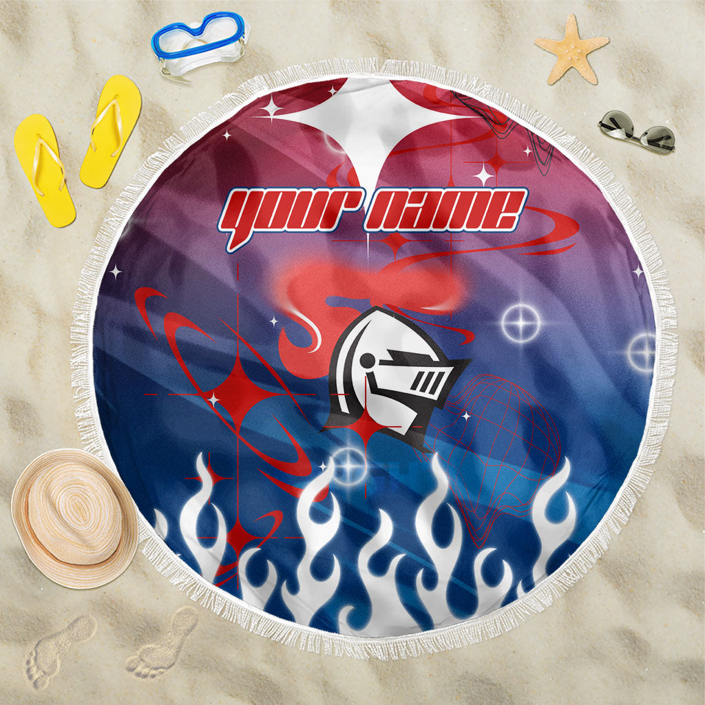 Personalized Newcastle Knights Beach Blanket Y2K Grunge Aesthetic With Cyber Flames and Starburst Graphics