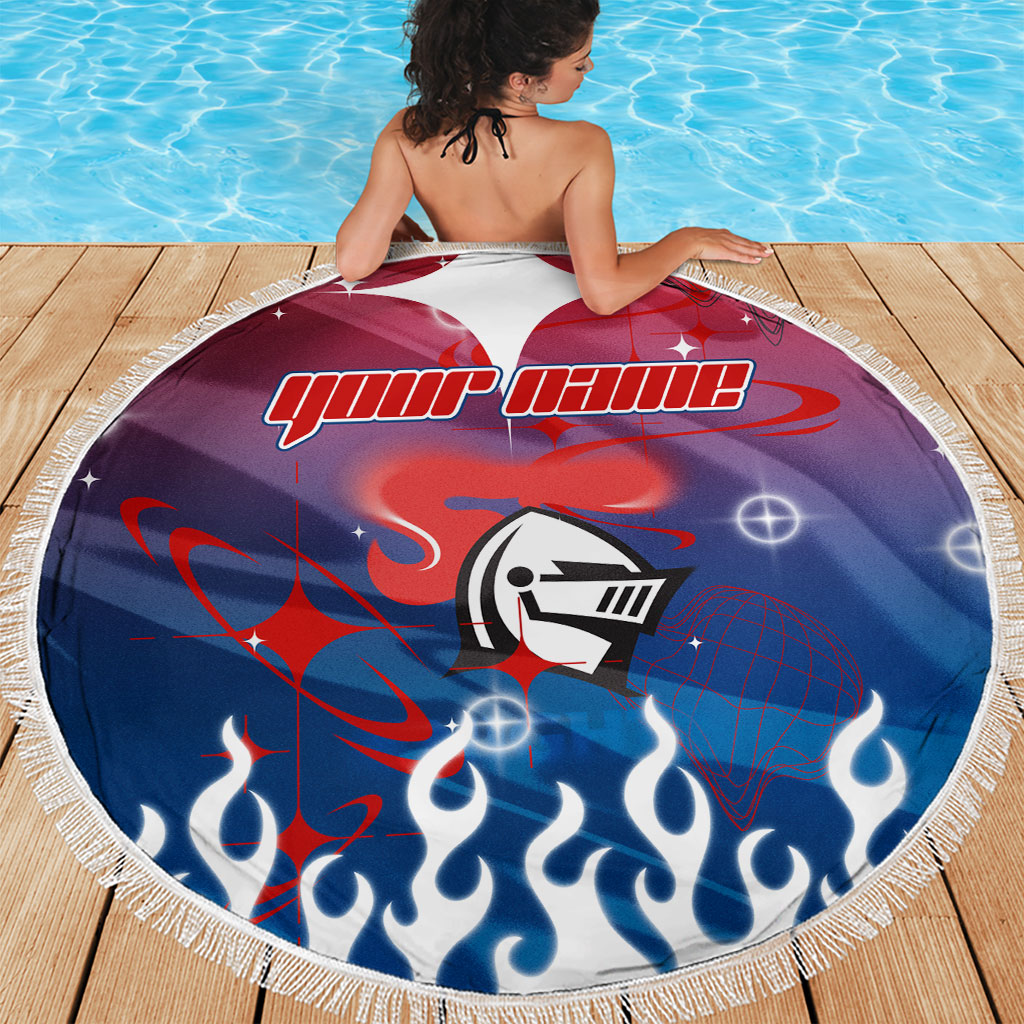 Personalized Newcastle Knights Beach Blanket Y2K Grunge Aesthetic With Cyber Flames and Starburst Graphics