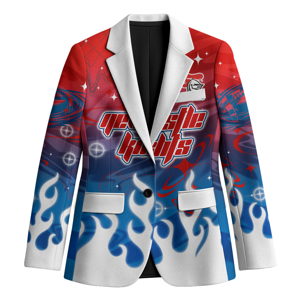 Personalized Newcastle Knights Blazer Y2K Grunge Aesthetic With Cyber Flames and Starburst Graphics