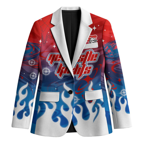 Personalized Newcastle Knights Blazer Y2K Grunge Aesthetic With Cyber Flames and Starburst Graphics