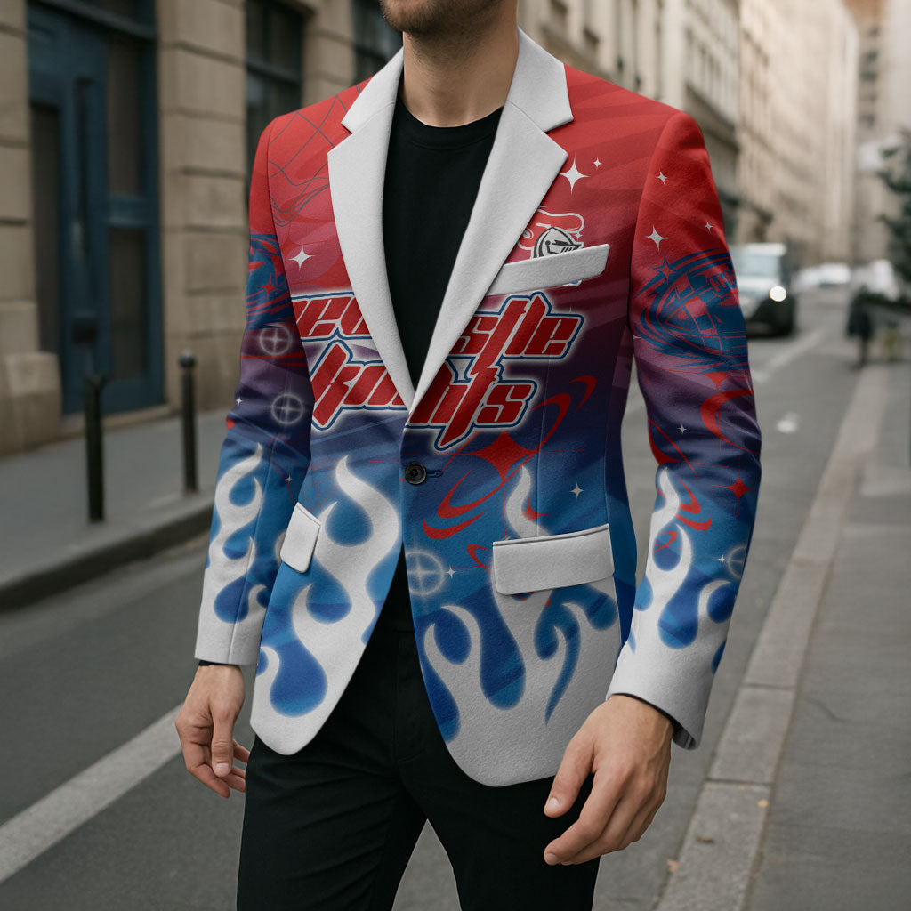 Personalized Newcastle Knights Blazer Y2K Grunge Aesthetic With Cyber Flames and Starburst Graphics
