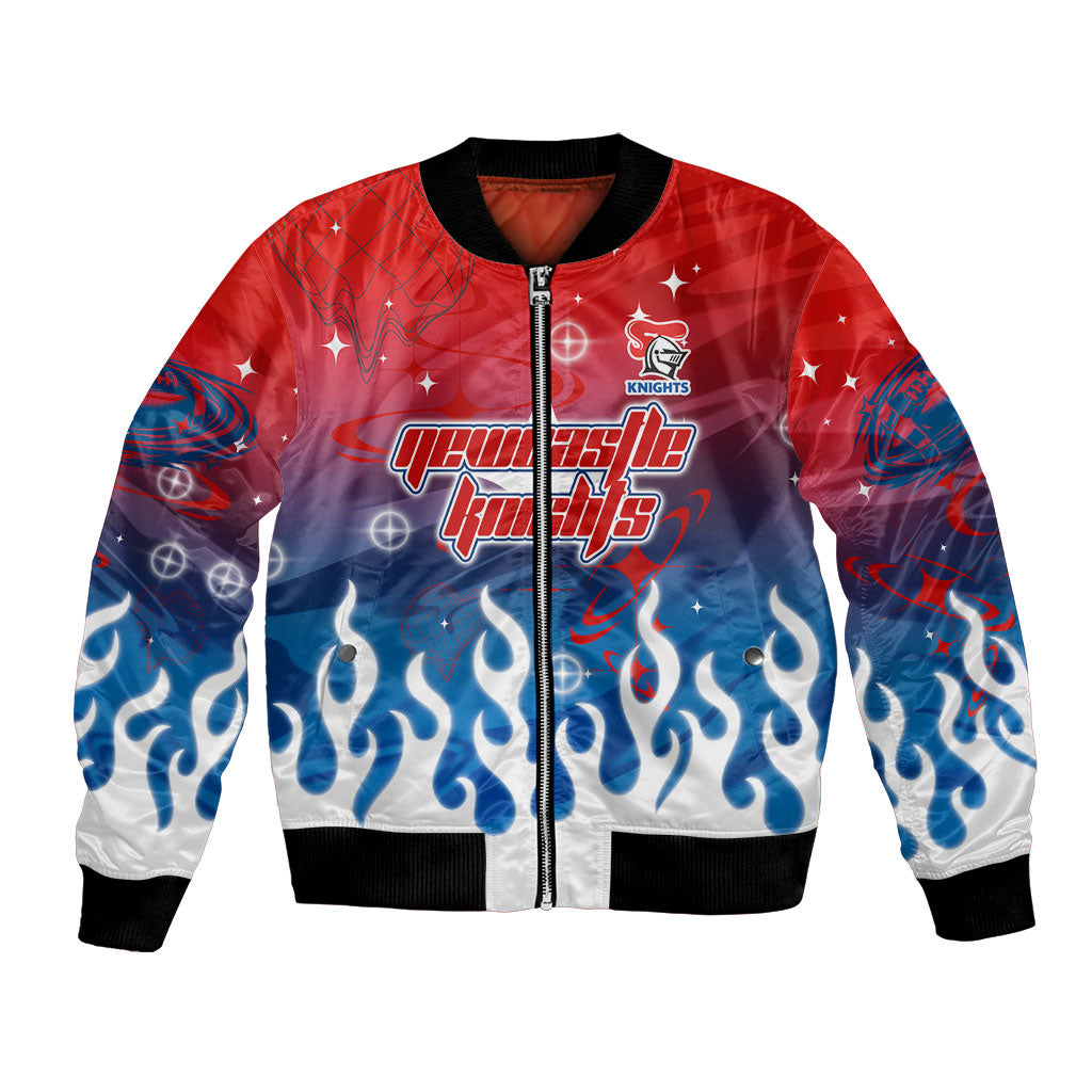 Personalized Newcastle Knights Bomber Jacket Y2K Grunge Aesthetic With Cyber Flames and Starburst Graphics