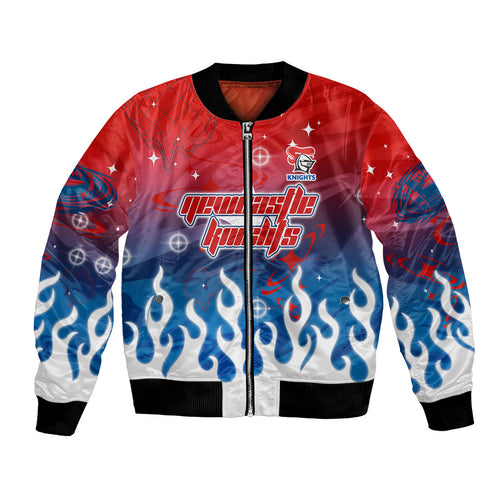 Personalized Newcastle Knights Bomber Jacket Y2K Grunge Aesthetic With Cyber Flames and Starburst Graphics