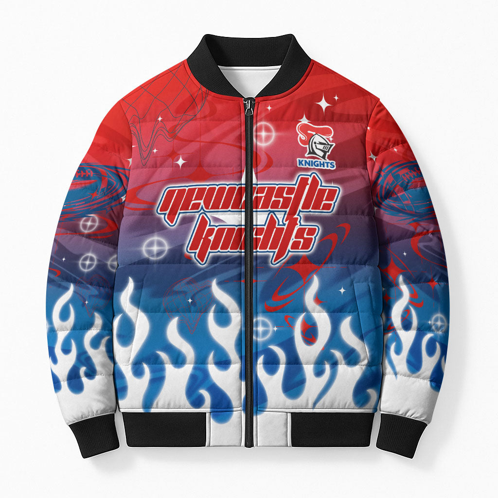 Personalized Newcastle Knights Bomber Puffer Jacket Y2K Grunge Aesthetic With Cyber Flames and Starburst Graphics