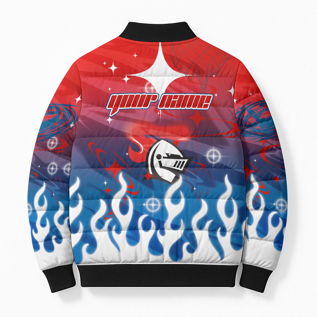 Personalized Newcastle Knights Bomber Puffer Jacket Y2K Grunge Aesthetic With Cyber Flames and Starburst Graphics