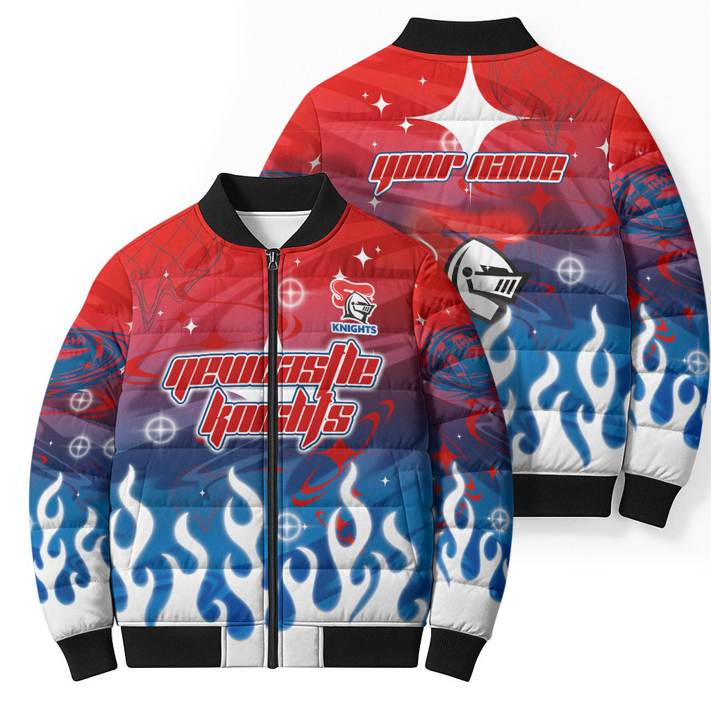 Personalized Newcastle Knights Bomber Puffer Jacket Y2K Grunge Aesthetic With Cyber Flames and Starburst Graphics