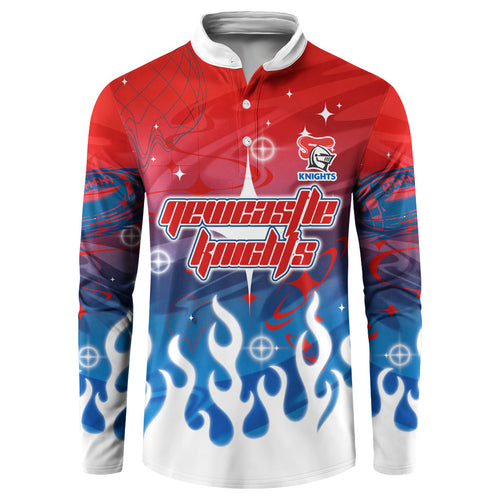 Personalized Newcastle Knights Button Sweatshirt Y2K Grunge Aesthetic With Cyber Flames and Starburst Graphics