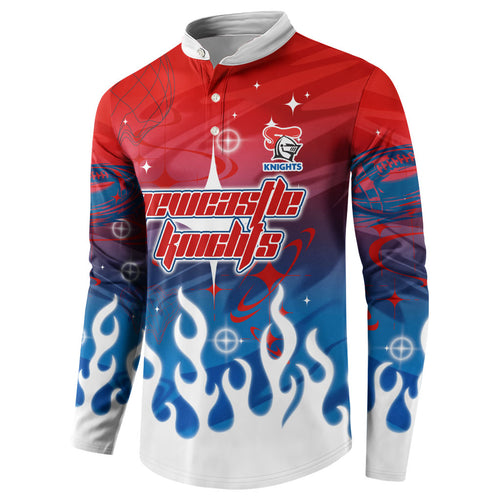 Personalized Newcastle Knights Button Sweatshirt Y2K Grunge Aesthetic With Cyber Flames and Starburst Graphics