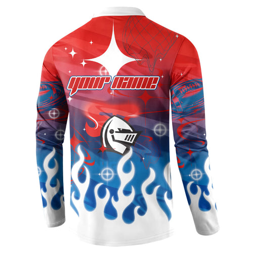 Personalized Newcastle Knights Button Sweatshirt Y2K Grunge Aesthetic With Cyber Flames and Starburst Graphics