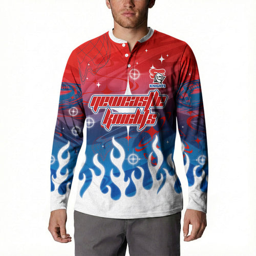 Personalized Newcastle Knights Button Sweatshirt Y2K Grunge Aesthetic With Cyber Flames and Starburst Graphics