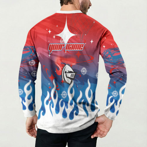 Personalized Newcastle Knights Button Sweatshirt Y2K Grunge Aesthetic With Cyber Flames and Starburst Graphics