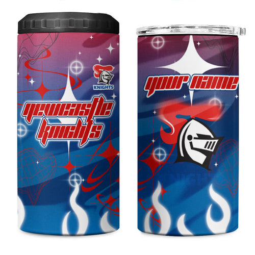 Personalized Newcastle Knights 4 in 1 Can Cooler Tumbler Y2K Grunge Aesthetic With Cyber Flames and Starburst Graphics