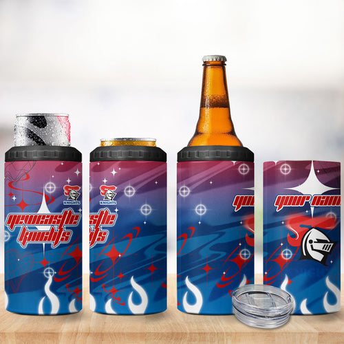 Personalized Newcastle Knights 4 in 1 Can Cooler Tumbler Y2K Grunge Aesthetic With Cyber Flames and Starburst Graphics