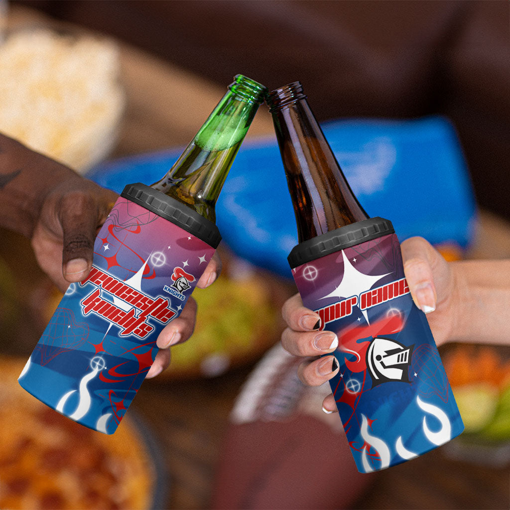 Personalized Newcastle Knights 4 in 1 Can Cooler Tumbler Y2K Grunge Aesthetic With Cyber Flames and Starburst Graphics