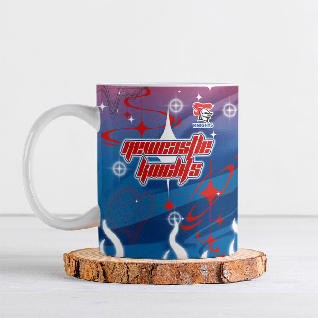 Personalized Newcastle Knights Ceramic Mug Y2K Grunge Aesthetic With Cyber Flames and Starburst Graphics