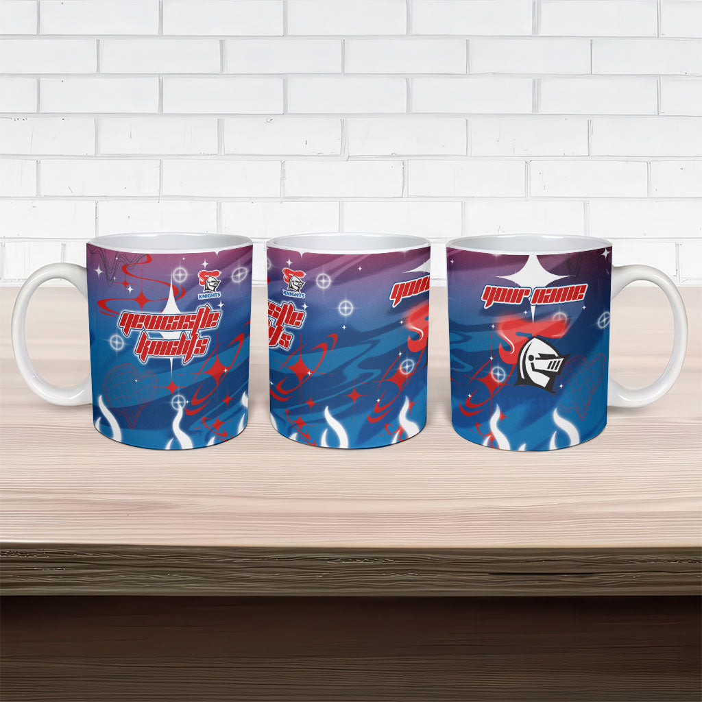 Personalized Newcastle Knights Ceramic Mug Y2K Grunge Aesthetic With Cyber Flames and Starburst Graphics