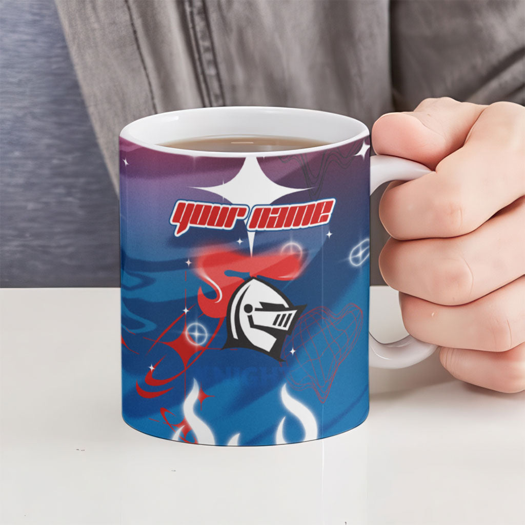 Personalized Newcastle Knights Ceramic Mug Y2K Grunge Aesthetic With Cyber Flames and Starburst Graphics