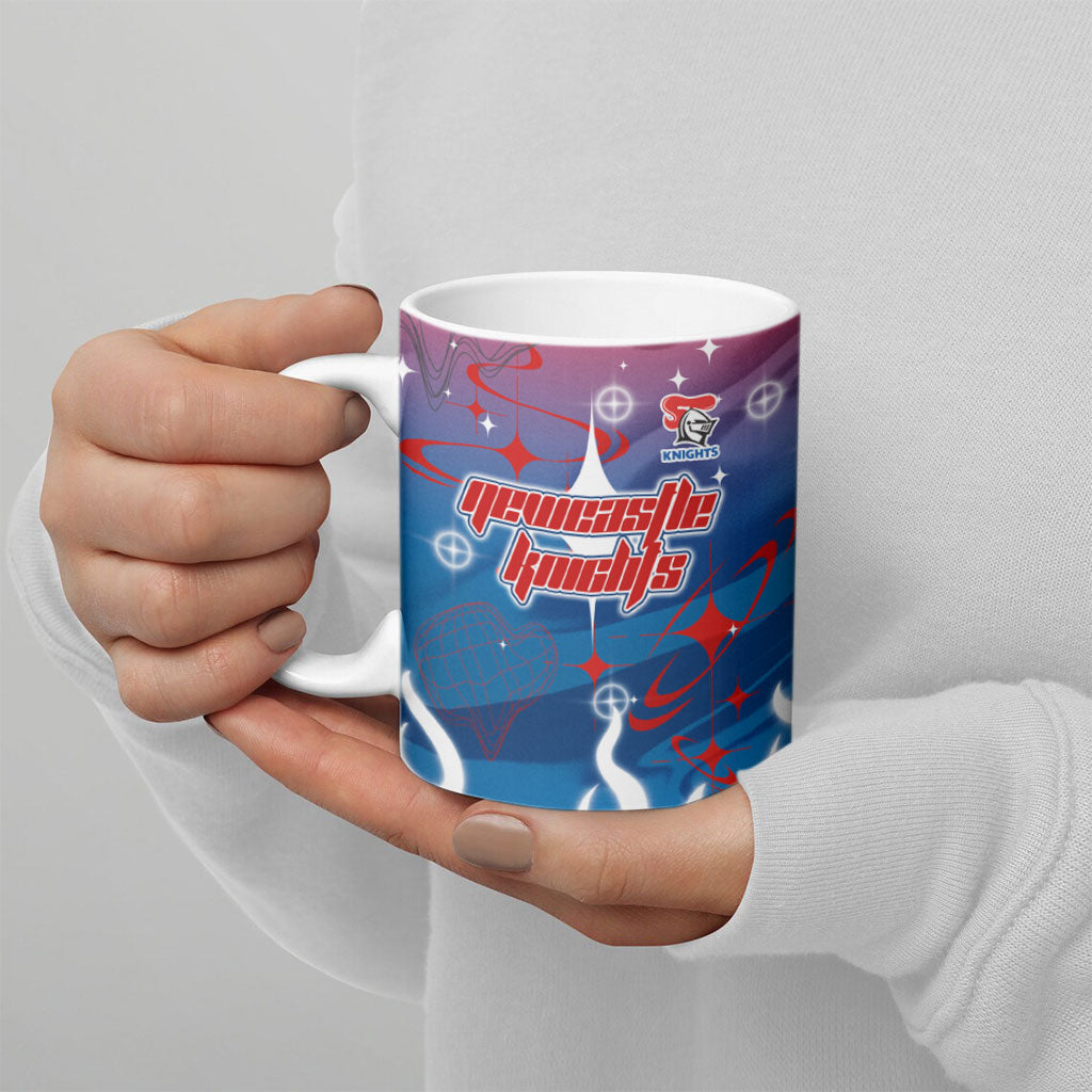 Personalized Newcastle Knights Ceramic Mug Y2K Grunge Aesthetic With Cyber Flames and Starburst Graphics
