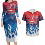 Personalized Newcastle Knights Couples Matching Long Sleeve Bodycon Dress and Hawaiian Shirt Y2K Grunge Aesthetic With Cyber Flames and Starburst Graphics