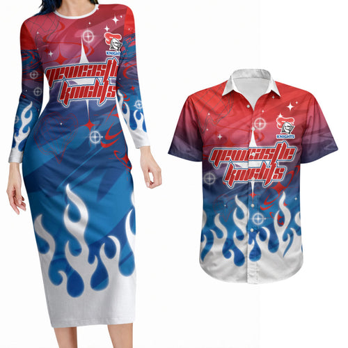 Personalized Newcastle Knights Couples Matching Long Sleeve Bodycon Dress and Hawaiian Shirt Y2K Grunge Aesthetic With Cyber Flames and Starburst Graphics