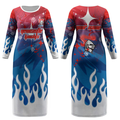 Personalized Newcastle Knights Couples Matching Long Sleeve Bodycon Dress and Hawaiian Shirt Y2K Grunge Aesthetic With Cyber Flames and Starburst Graphics