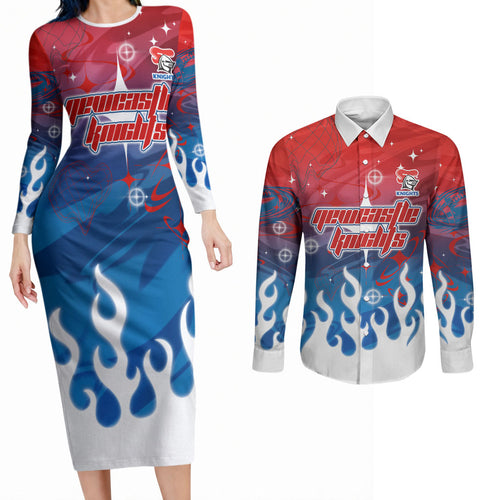 Personalized Newcastle Knights Couples Matching Long Sleeve Bodycon Dress and Long Sleeve Button Shirt Y2K Grunge Aesthetic With Cyber Flames and Starburst Graphics