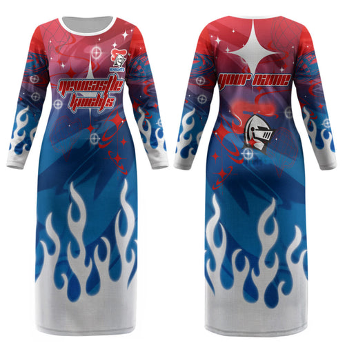 Personalized Newcastle Knights Couples Matching Long Sleeve Bodycon Dress and Long Sleeve Button Shirt Y2K Grunge Aesthetic With Cyber Flames and Starburst Graphics