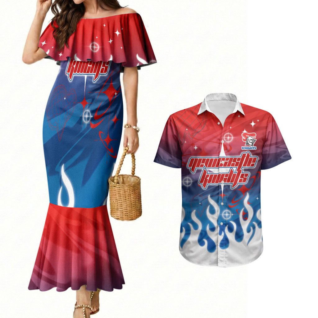 Personalized Newcastle Knights Couples Matching Mermaid Dress and Hawaiian Shirt Y2K Grunge Aesthetic With Cyber Flames and Starburst Graphics