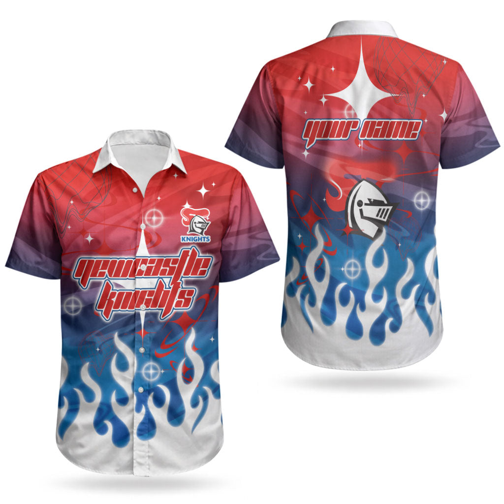 Personalized Newcastle Knights Couples Matching Mermaid Dress and Hawaiian Shirt Y2K Grunge Aesthetic With Cyber Flames and Starburst Graphics
