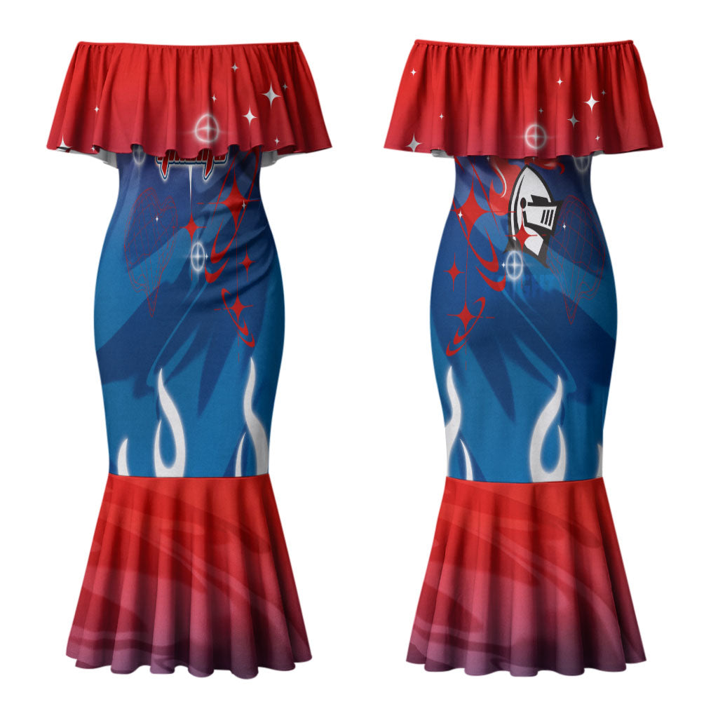 Personalized Newcastle Knights Couples Matching Mermaid Dress and Long Sleeve Button Shirt Y2K Grunge Aesthetic With Cyber Flames and Starburst Graphics