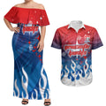 Personalized Newcastle Knights Couples Matching Off Shoulder Maxi Dress and Hawaiian Shirt Y2K Grunge Aesthetic With Cyber Flames and Starburst Graphics