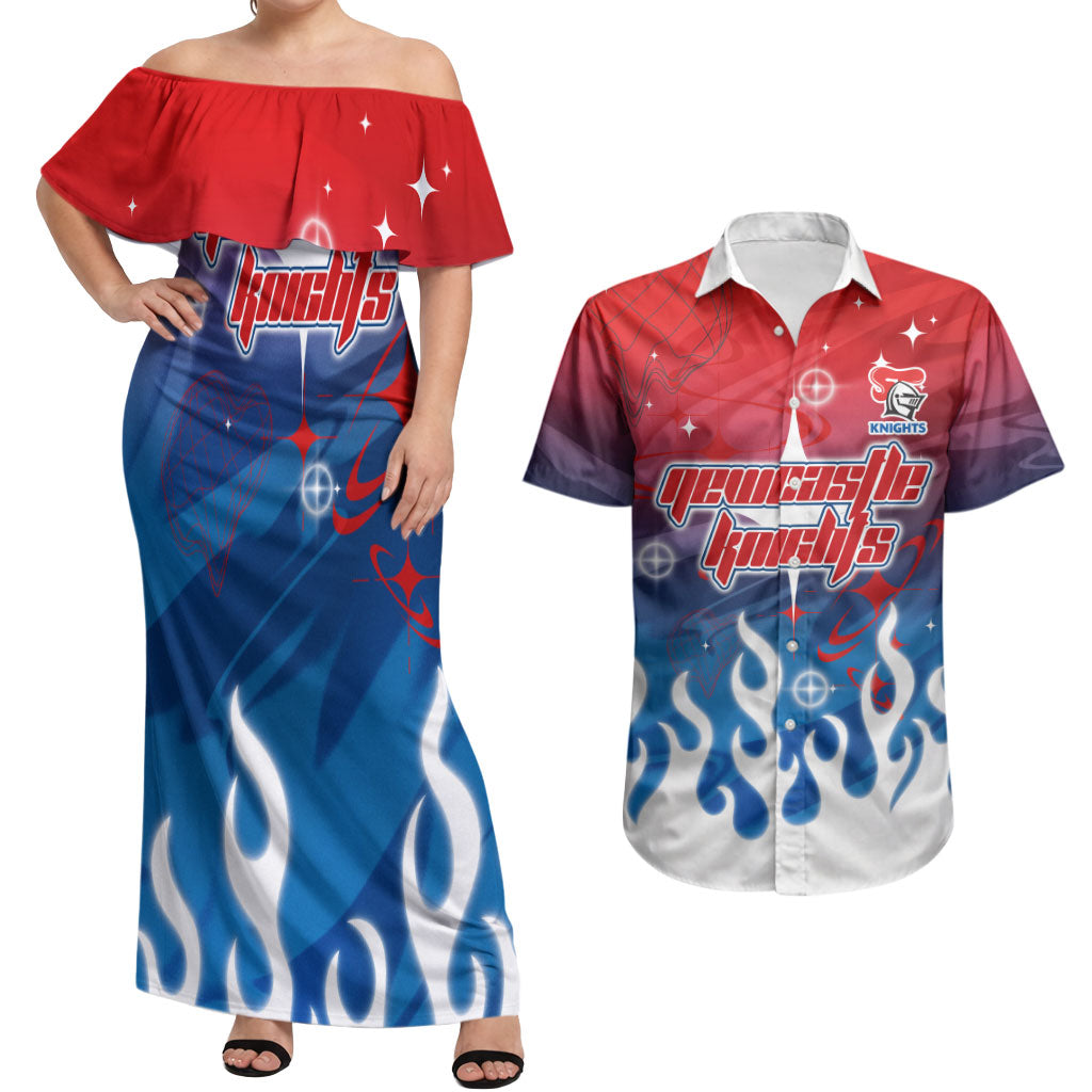 Personalized Newcastle Knights Couples Matching Off Shoulder Maxi Dress and Hawaiian Shirt Y2K Grunge Aesthetic With Cyber Flames and Starburst Graphics