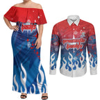 Personalized Newcastle Knights Couples Matching Off Shoulder Maxi Dress and Long Sleeve Button Shirt Y2K Grunge Aesthetic With Cyber Flames and Starburst Graphics