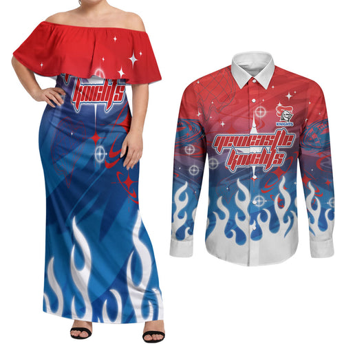 Personalized Newcastle Knights Couples Matching Off Shoulder Maxi Dress and Long Sleeve Button Shirt Y2K Grunge Aesthetic With Cyber Flames and Starburst Graphics