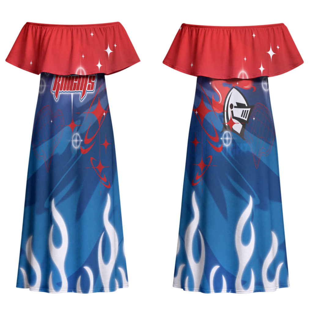 Personalized Newcastle Knights Couples Matching Off Shoulder Maxi Dress and Long Sleeve Button Shirt Y2K Grunge Aesthetic With Cyber Flames and Starburst Graphics