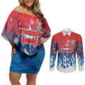 Personalized Newcastle Knights Couples Matching Off Shoulder Short Dress and Long Sleeve Button Shirt Y2K Grunge Aesthetic With Cyber Flames and Starburst Graphics