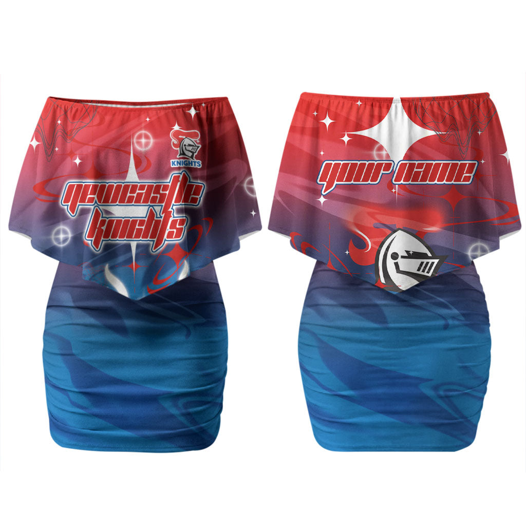 Personalized Newcastle Knights Couples Matching Off Shoulder Short Dress and Long Sleeve Button Shirt Y2K Grunge Aesthetic With Cyber Flames and Starburst Graphics