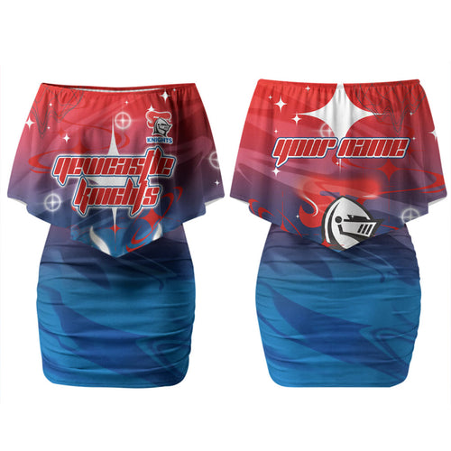 Personalized Newcastle Knights Couples Matching Off Shoulder Short Dress and Long Sleeve Button Shirt Y2K Grunge Aesthetic With Cyber Flames and Starburst Graphics