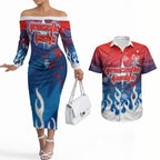 Personalized Newcastle Knights Couples Matching Off The Shoulder Long Sleeve Dress and Hawaiian Shirt Y2K Grunge Aesthetic With Cyber Flames and Starburst Graphics