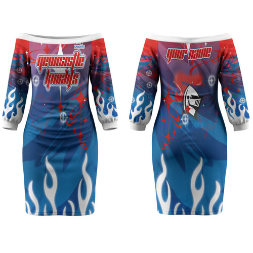 Personalized Newcastle Knights Couples Matching Off The Shoulder Long Sleeve Dress and Hawaiian Shirt Y2K Grunge Aesthetic With Cyber Flames and Starburst Graphics