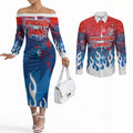 Personalized Newcastle Knights Couples Matching Off The Shoulder Long Sleeve Dress and Long Sleeve Button Shirt Y2K Grunge Aesthetic With Cyber Flames and Starburst Graphics