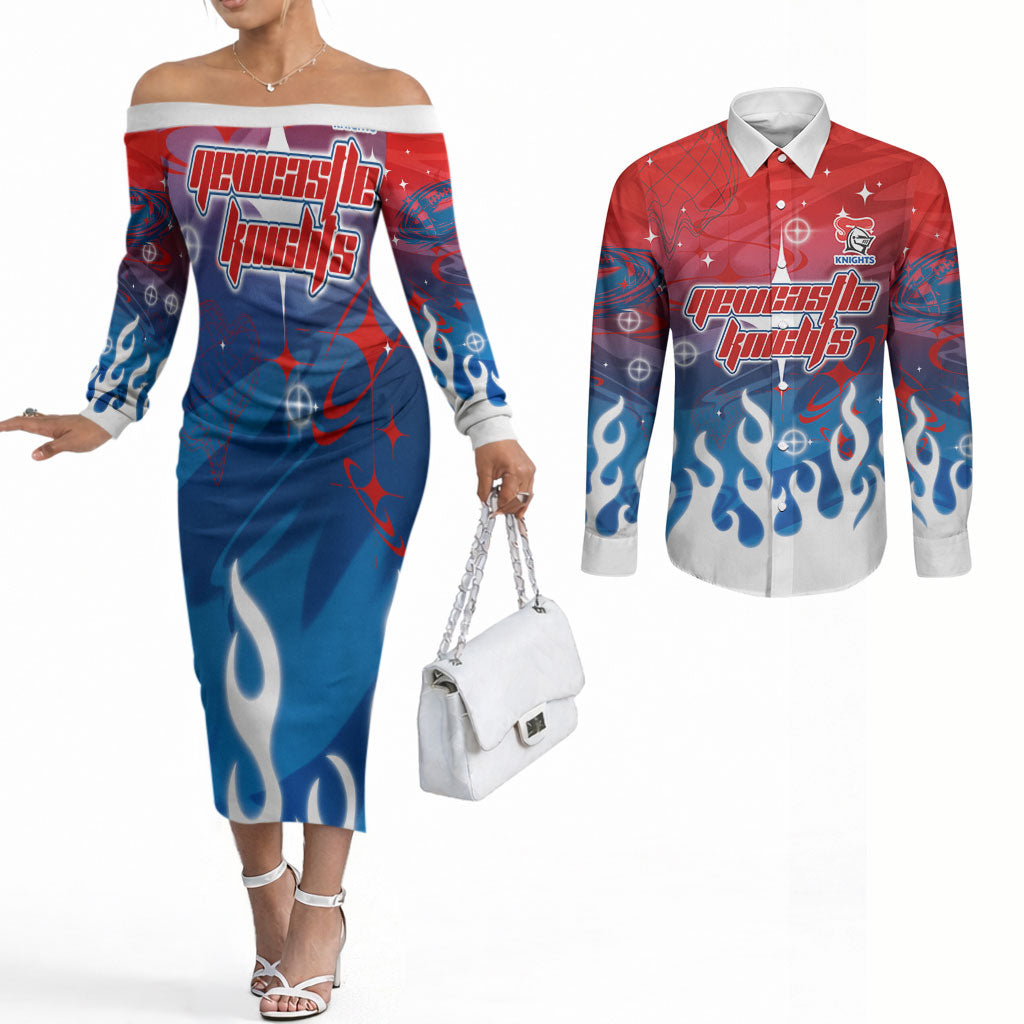 Personalized Newcastle Knights Couples Matching Off The Shoulder Long Sleeve Dress and Long Sleeve Button Shirt Y2K Grunge Aesthetic With Cyber Flames and Starburst Graphics