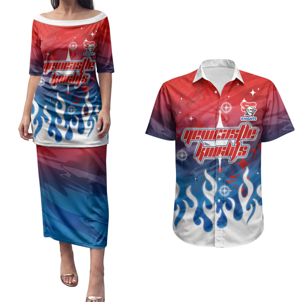 Personalized Newcastle Knights Couples Matching Puletasi and Hawaiian Shirt Y2K Grunge Aesthetic With Cyber Flames and Starburst Graphics