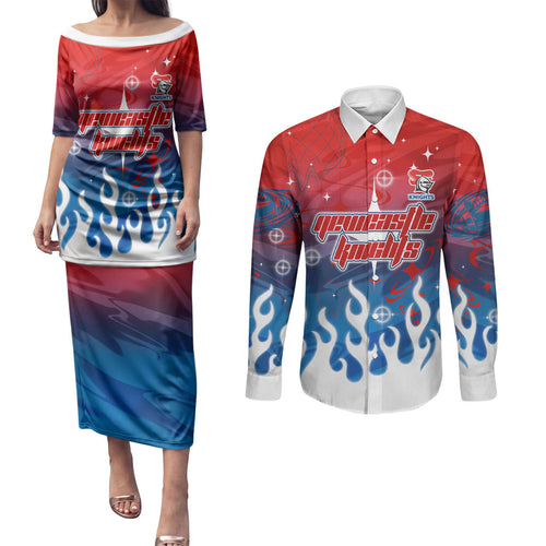 Personalized Newcastle Knights Couples Matching Puletasi and Long Sleeve Button Shirt Y2K Grunge Aesthetic With Cyber Flames and Starburst Graphics