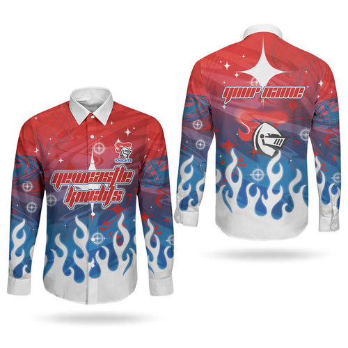 Personalized Newcastle Knights Couples Matching Puletasi and Long Sleeve Button Shirt Y2K Grunge Aesthetic With Cyber Flames and Starburst Graphics