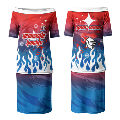 Personalized Newcastle Knights Couples Matching Puletasi and Long Sleeve Button Shirt Y2K Grunge Aesthetic With Cyber Flames and Starburst Graphics