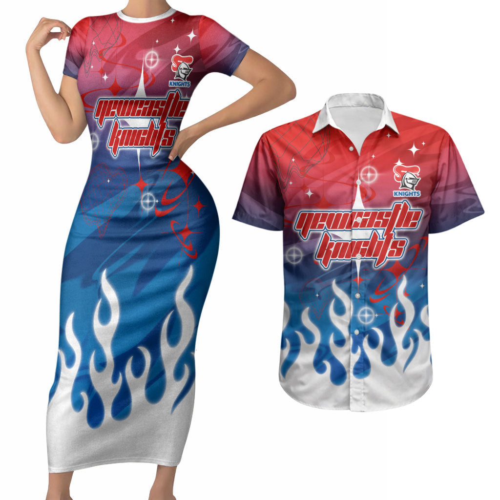 Personalized Newcastle Knights Couples Matching Short Sleeve Bodycon Dress and Hawaiian Shirt Y2K Grunge Aesthetic With Cyber Flames and Starburst Graphics