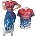 Personalized Newcastle Knights Couples Matching Short Sleeve Bodycon Dress and Hawaiian Shirt Y2K Grunge Aesthetic With Cyber Flames and Starburst Graphics